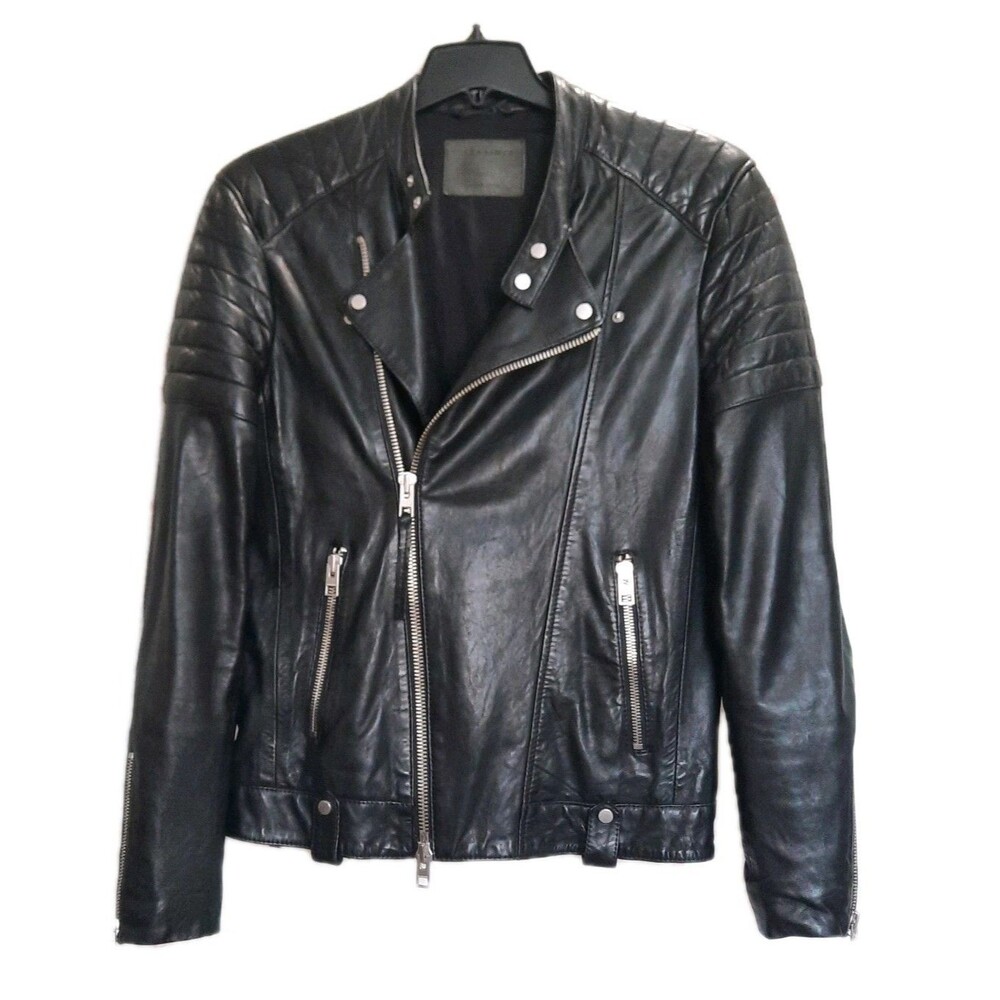 AllSaints Jasper Black Leather Biker Moto Motorcycle Jacket Soft Sheepskin Men S